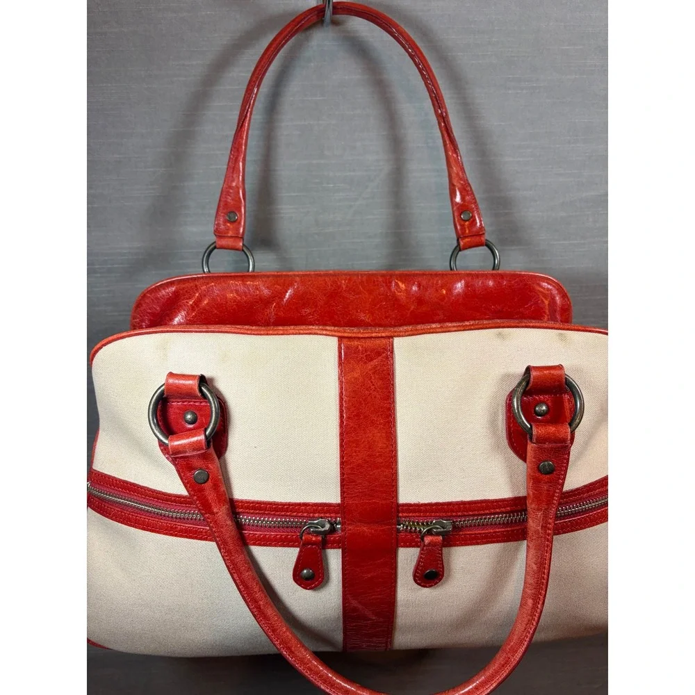 77. Vintage Nordstrom East‎ West Canvas Burnt Orange Leather Satchel Tote Bag